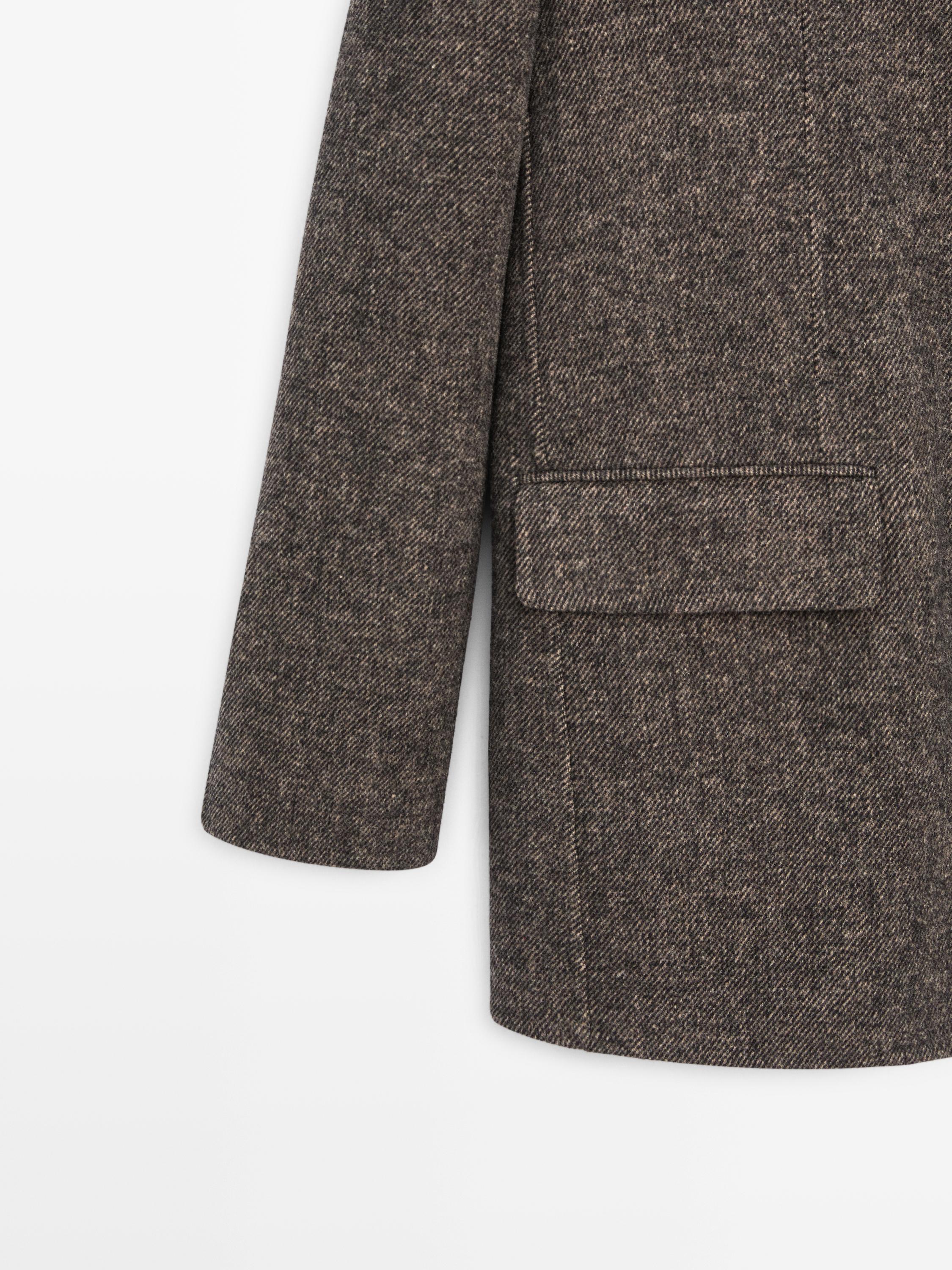 Wool blend twill coat with high collar